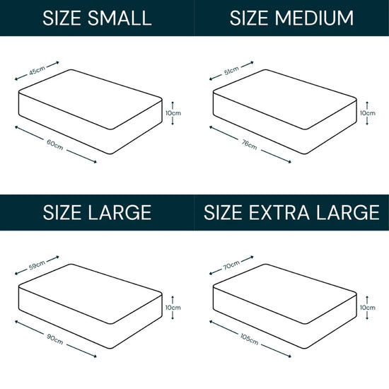 Crate mat size chart showing small, medium, large, and extra large dimensions.